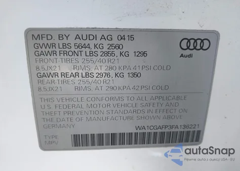 2015 Audi Sq5 3.0T Premium Plus z USA, uszkodzony, nr VIN WA1CGAFP3FA136221